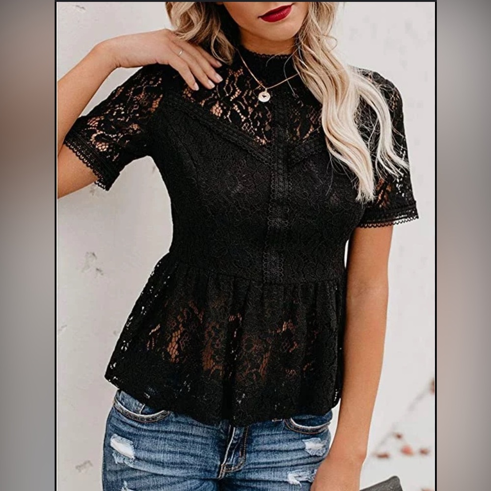 Tobrief Short Sleeve Navy Lace Blouse Peplum Top Blouse Partial Lined Size M EUC